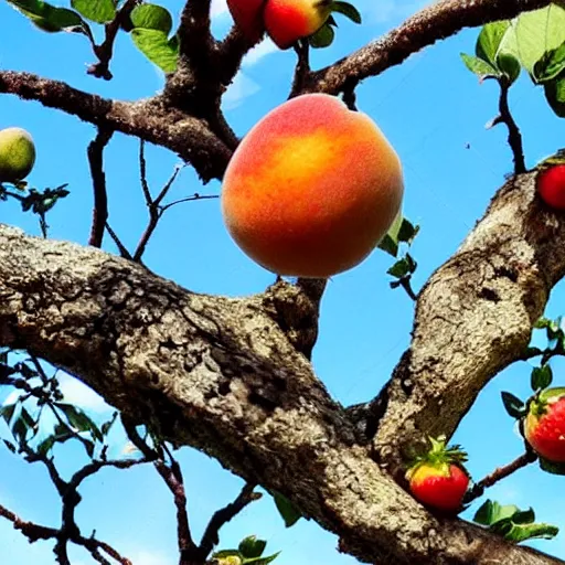 Prompt: a new fruit that us a mix of a fig a peach and a strawberry hangs on a tree