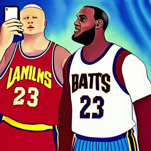 Image similar to bobby hill and lebron james taking a selfie, nba, kill of the hill, oil on canvas, trending on artstation