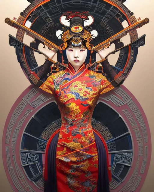 Image similar to portrait of a chinese cyberpunk machine, machine face, arms, upper half portrait, decorated with chinese opera motifs, regal, asian, fine china, wuxia, traditional chinese art intricate intense elegant 京 剧 highly detailed digital painting artstation concept art smooth sharp focus illustration, art by artgerm and greg rutkowski alphonse mucha 8 k