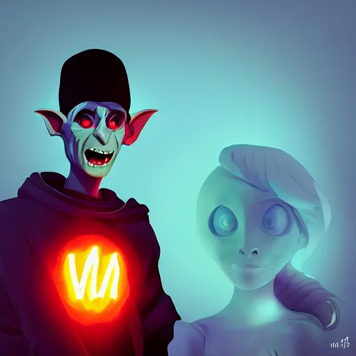 Image similar to portrait of hip hop nosferatu, led lights, mattepainting concept blizzard pixar maya engine on stylized background splash comics global illumination lighting artstation lois van baarle, ilya kuvshinov, rossdraws