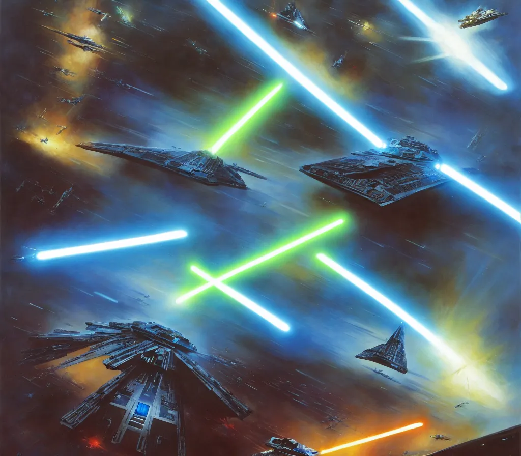 Prompt: ! dream a jedi with a bright blue lightsaber trying to bring down a star destroyer with the force, epic proportions, award winning collaborative painting by geg ruthowski, craig mullins, vincent di fate, john berkey, michael whelan, collaborative artwork, exquisitely high quality and detailed