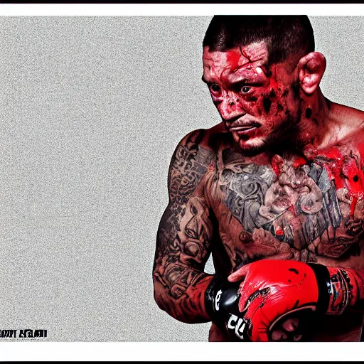 Prompt: Cub Swanson, UFC, Portrait, Photo Negative, Bloodied
