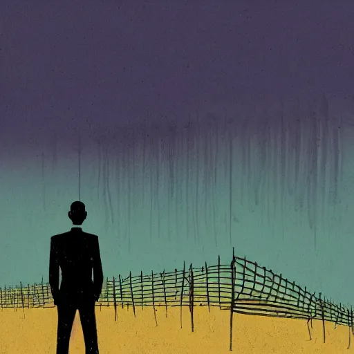 Image similar to a dystopian matte painting of a scared man standing in front of a fence with barbed wire by emiliano ponzi, james gilleard, george ault, david hockney, atey ghailan, albert namatjira, marius borgeaud, minimalist, bauhaus, retrofuturism, concept art, matte background, matte drawing, generative art