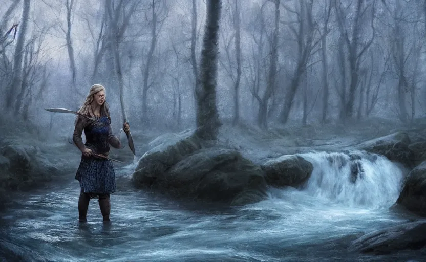 Image similar to epic portrait an female viking washing off her axe in a river, blizzardy winter, foggy, forest and river backround, flowing blonde hair, digital painting, artstation, concept art, soft light, hdri, smooth, sharp focus, illustration, fantasy, intricate, elegant, highly detailed, D&D, matte painting, in the style of Greg Rutkowski and Alphonse Mucha and artemisia, 8k, highly detailed, jurgens, rutkowski, bouguereau, pastoral, rustic, georgic, detailed concept art, illustration, colorful pastel, painting, detail, ultra detailed, digital art, 4K, unreal engine 5, 16k resolution,