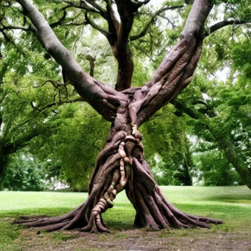 Prompt: a tree with limbs in the shape of human arms