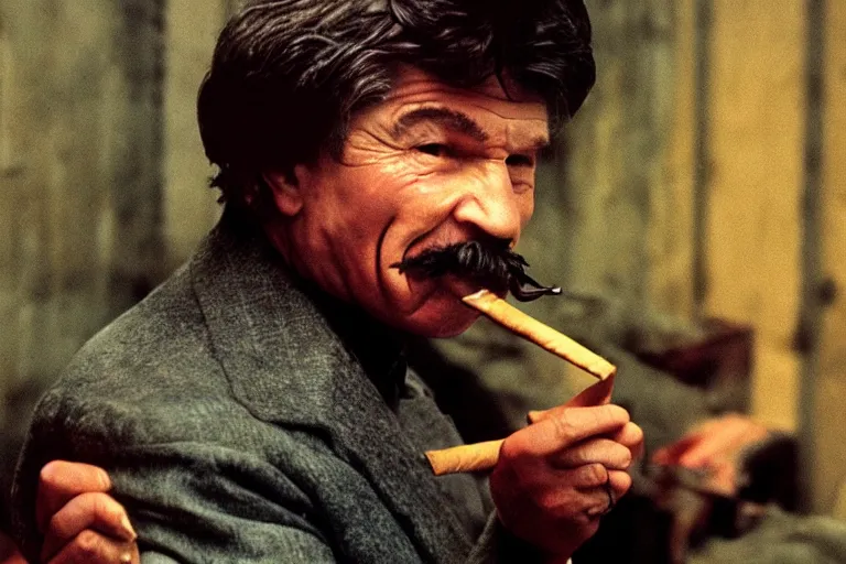 Image similar to a cinematic painting of charles bronson smoking a cigar on a rainy day, beautiful lighting, high depth, ultra realistic, artistic, by annie leibovitz