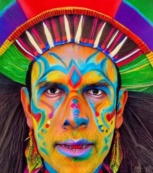 Image similar to Portrait of a shaman dressed in a colorful traditional clothes. His face is painted. Painting in the style of alex grey