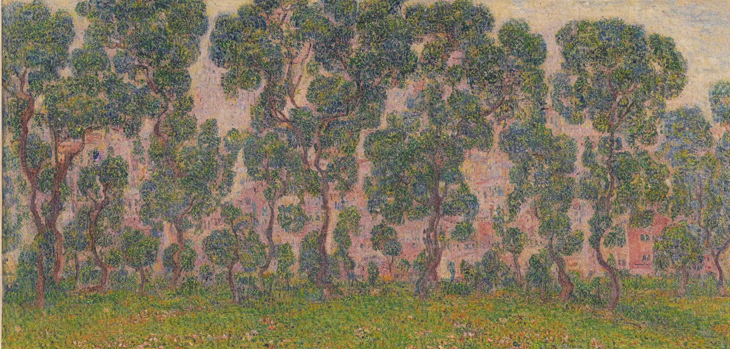 Image similar to epic highly detailed landscape painting of Huge flowers growing on tree trunks and holes in buildings, Gustave Loiseau