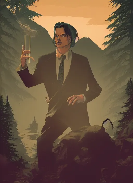 Prompt: Twin Peaks poster artwork by Michael Whelan and Tomer Hanuka, Karol Bak, Rendering of Johnny Depp being chased by something, from scene from Twin Peaks, full of details, by Makoto Shinkai and thomas kinkade, Matte painting, trending on artstation and unreal engine