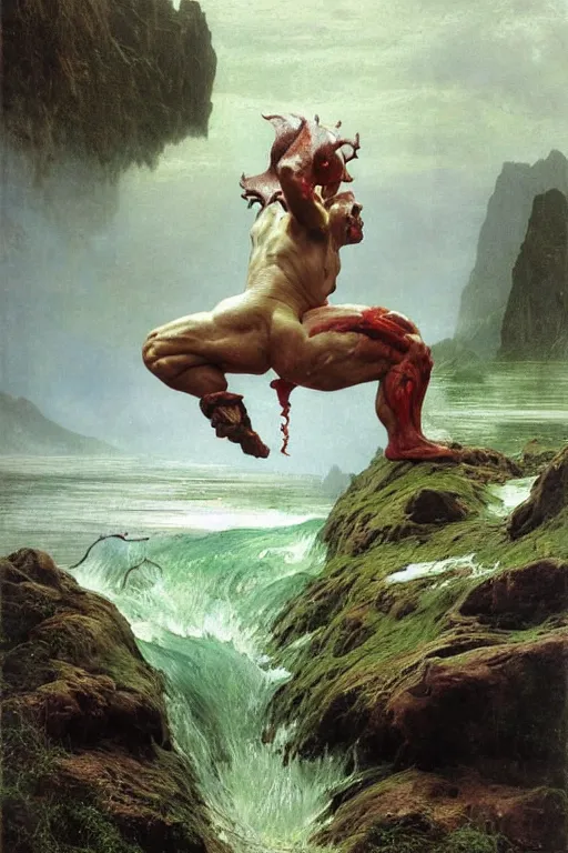 Image similar to martyn fords as huge muscular demon with ram's horns and emerging from lake in rockies, water splashing cascading, beautiful day, by albert bierstadt, ruan jia, lawrence alma tadema, zdzislaw beksinski, norman rockwell, jack kirby, tom lovell, greg staples