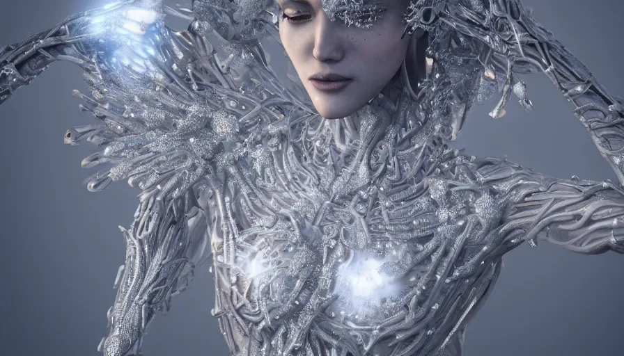 Image similar to full body detailed, ethereal, biomechanical, covered in diamonds and other gems glowing, highly detailed face, elegant posed, intricate, extremy detailed, beeple, cgsociety, 3 d unreal engine octane render. cinematic lighting, highly detailed 4 k art