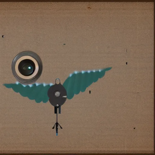 Prompt: blueprint of a flying bird - like robot with cameras for eyes.