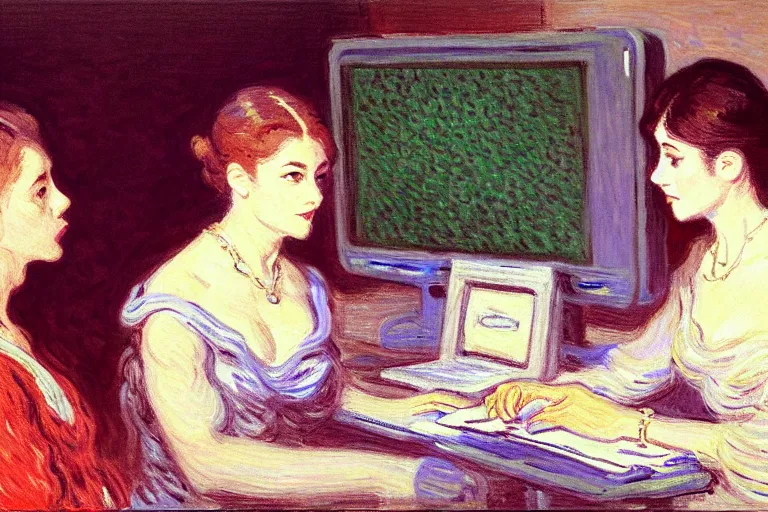 Prompt: portrait of two wise and very beautiful women discussing some texts appearing in a computer screen, art by monet, intricate, elegant, highly detailed, smooth, sharp focus, artstation