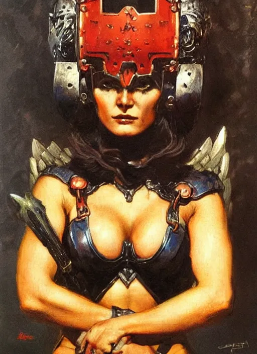 Image similar to portrait of norwegian female chaos angel, beautiful! coherent! by frank frazetta, by brom, strong line, deep color, spiked armor, iron helm, high contrast, maximalist