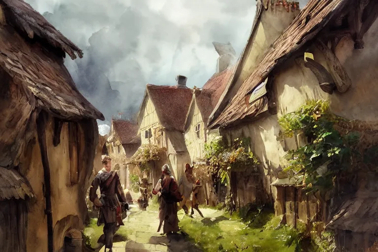 Prompt: watercolor painting of village street, bailey wall, medieval straw roof, scandinavian viking age, ambient lighting, art by hans dahl, by jesper ejsing, art by anders zorn, wonderful masterpiece by greg rutkowski, cinematic light, american romanticism by greg manchess, creation by tyler edlin