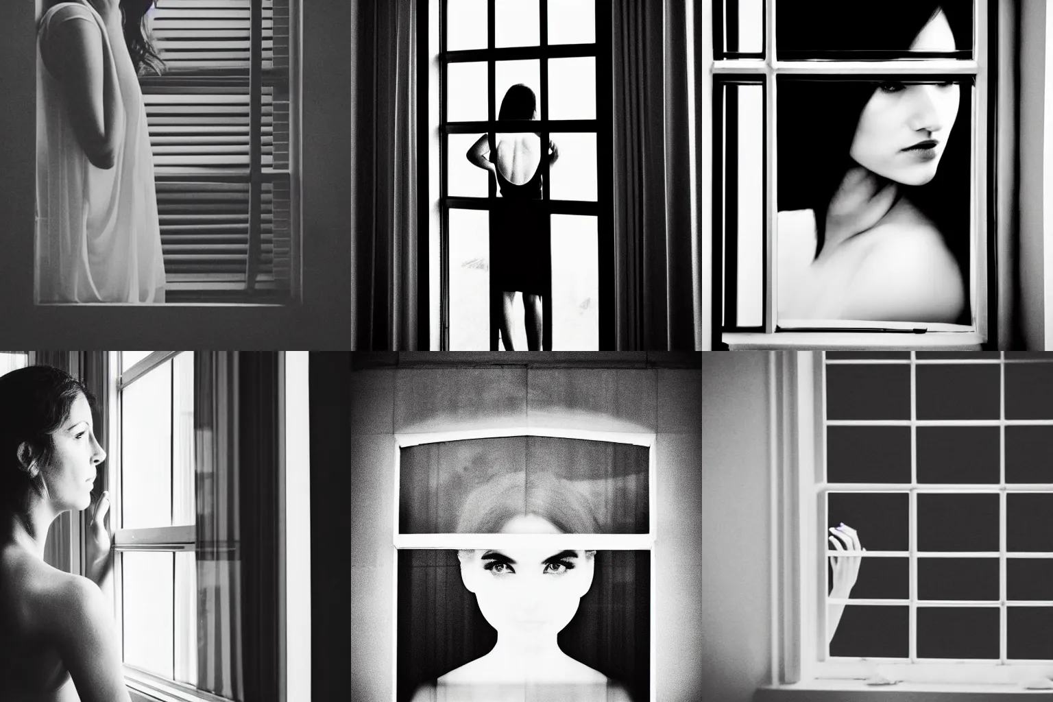 Prompt: beautiful woman looking through a window black and white minimalistic poster art