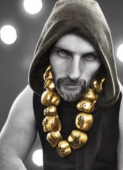 Prompt: portrait of a lithuanian man wearing a skull beanie and sleeveless hoodie, gold necklace, highly detailed, realistic, studio quality, studio photo, studio lighting, trending on artstation, sharp focus