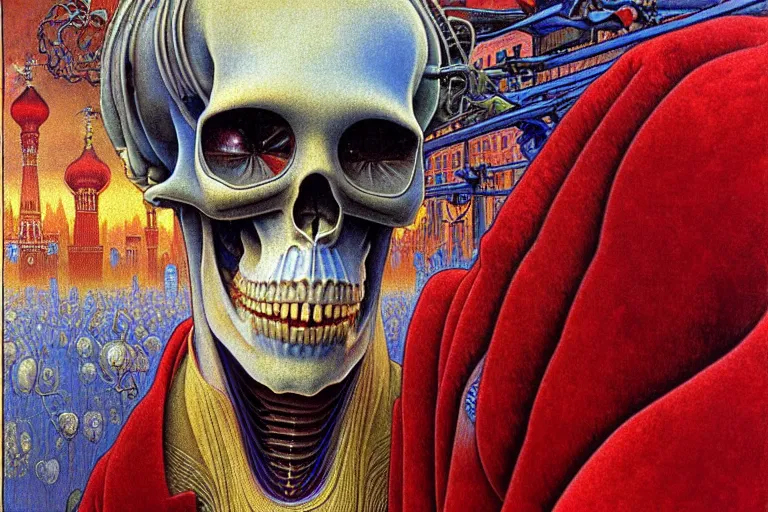 Image similar to realistic detailed closeup portrait painting of a single skeleton wearing red velvet blazer in a crowded futuristic moscow street by Jean Delville, Amano, Yves Tanguy, Alphonse Mucha, Ernst Haeckel, Edward Robert Hughes, Roger Dean, rich moody colours, blue eyes