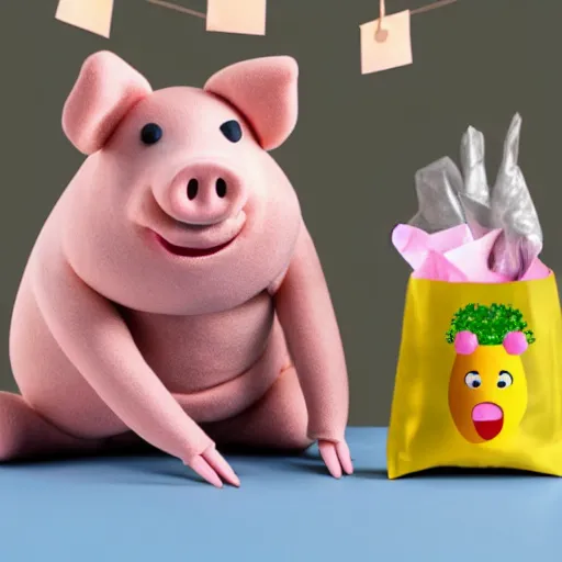 Prompt: cut obese pig wearing a gold crown as a Muppet eating out of a snack bags 8k