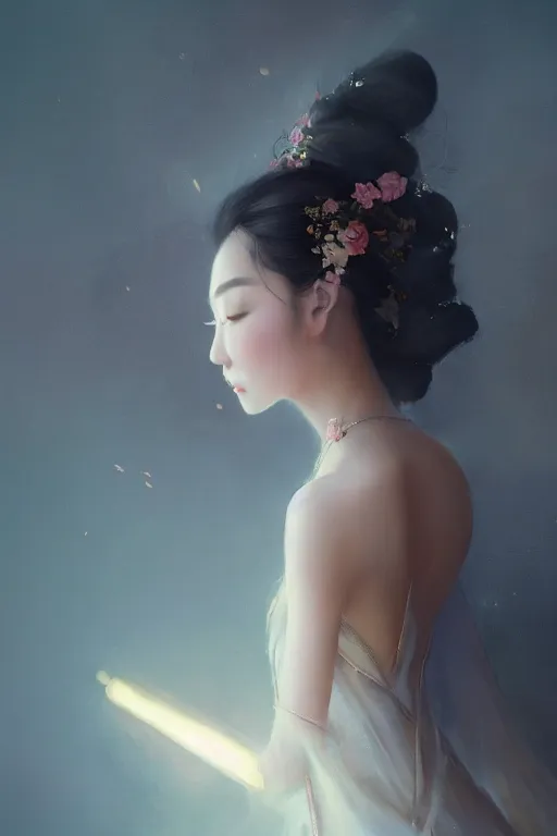 Image similar to chinese princess in a long silk dress, from backside, up shot, highly detailed art, cinematic atmosphere, volumetric lighting, glow, trending on artstation, by wlop, by le vuong, by tom bagshaw