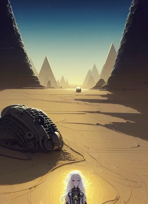 Image similar to highly detailed portrait of a robotic cyborg long curly white hair nomadic tribal lady, stray wiring, emerging from sand by atey ghailan, james gilleard, by joe fenton, by greg rutkowski, by greg tocchini, by kaethe butcher, 4 k resolution, gradient yellow, black and white color scheme!!! ( ( robotic sandstorm robotic pyramid landscape background ) )