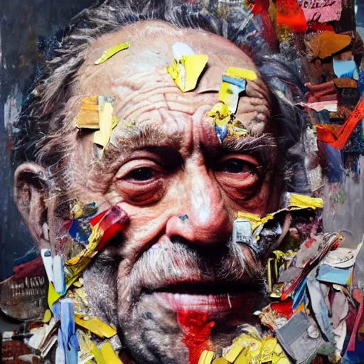 Prompt: hyperrealistic, photorealistic, mixed media oil painting of charles bukowski, magazine scraps, plaster, blood, oil, mustard, cigarettes, splatter, trending on artstation, award - winning painting, greg rutkowski, basquiat, ralph steadman, terry gilliam