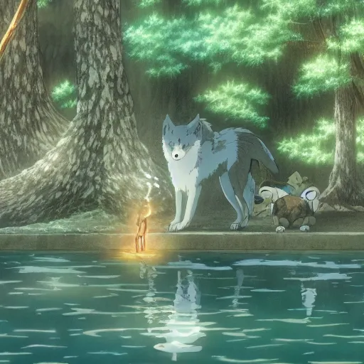 Image similar to a spirit wolf forest drinking water from an illuminated pool, hayao miyazaki, masashi ando, nizou yamamoto, kazuo oga, joe hisaishi, yoji takeshige, naoya tanaka