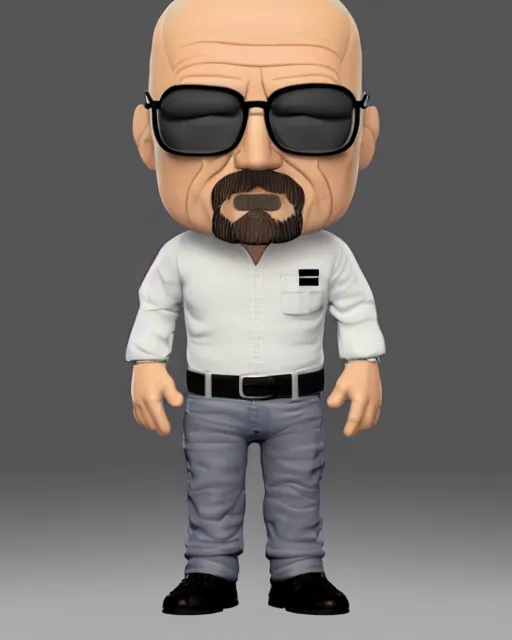 Image similar to full body 3d render of Walter White as a funko pop, studio lighting, white background, blender, trending on artstation, 8k, highly detailed