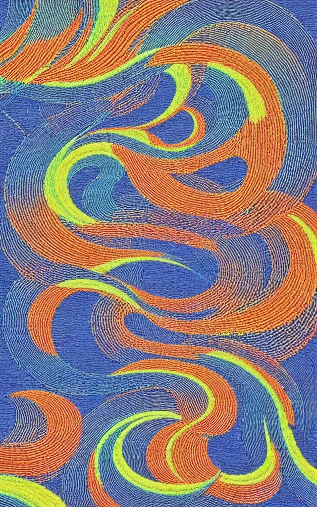 Image similar to wave, particle, synth, frequencies, pattern, oscillation. wave-particle duality. beautiful japanese embroidery. Retro art by jean giraud.