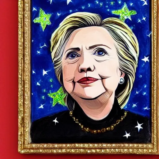 Prompt: dramatic painting of hillary clinton wearing diamonds and pearls, floating in outer space, painted by an unknown russian amateur