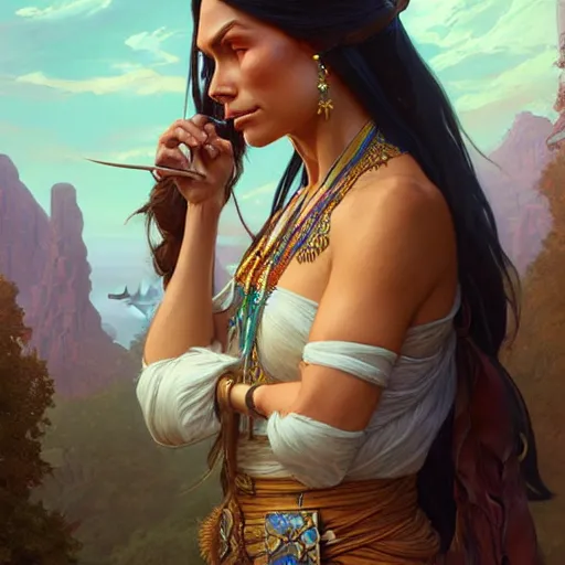 Image similar to Pocahontas, D&D, fantasy, intricate, elegant, highly detailed, digital painting, artstation, concept art, matte, sharp focus, illustration, art by Artgerm and Greg Rutkowski and Alphonse Mucha