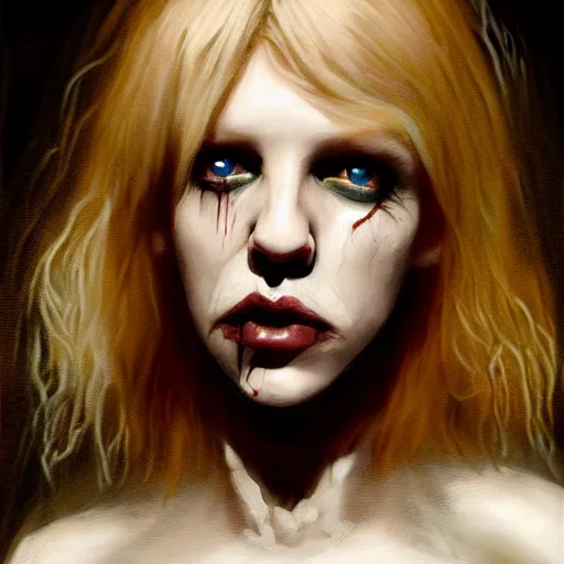 Image similar to portrait of young courtney love as a zombie with platinum blonde fluffy hair, 7 days to die zombie, gritty background, fine art, award winning, intricate, elegant, sharp focus, cinematic lighting, digital painting, 8 k concept art, art by michael hussar, art by brom, art by guweiz and z. w. gu, 8 k