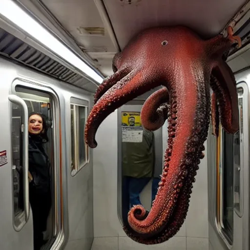 Prompt: of a giant octopus invading a interior of a subway train in new york,