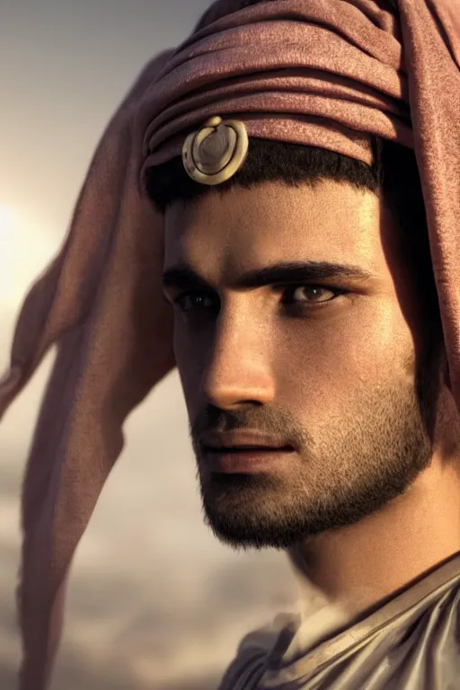 Image similar to a close - up photograph of an arab god, photorealistic, cinematic lighting