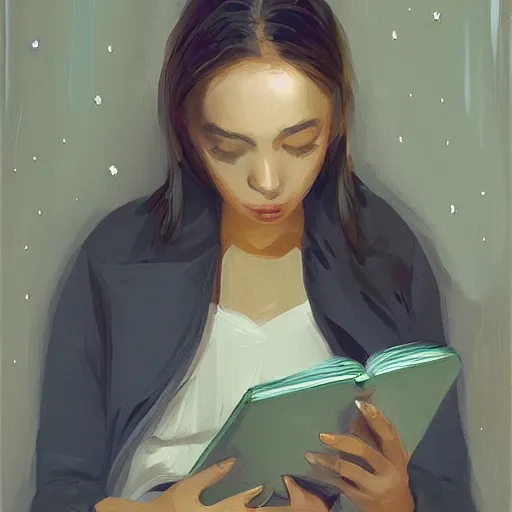 Image similar to a girl reading an e-book, night, portrait, by wlop