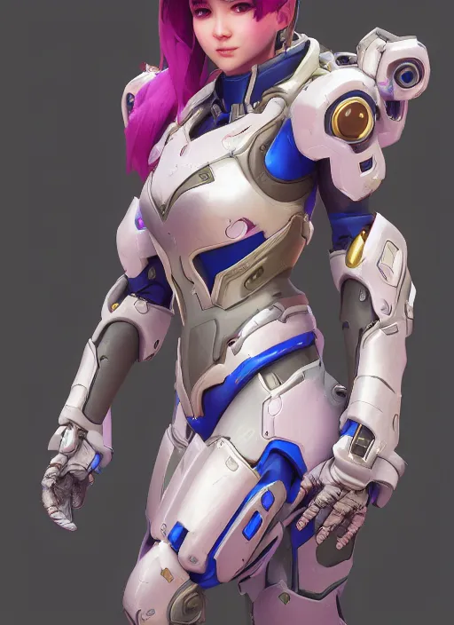 Image similar to d. va from overwatch wearing plastic armor, hyper detailed, digital art, trending in artstation, cinematic lighting, studio quality, 自 然, smooth render, unreal engine 5 rendered, octane rendered, art style by klimt and nixeu and ian sprigger and wlop and krenz cushart