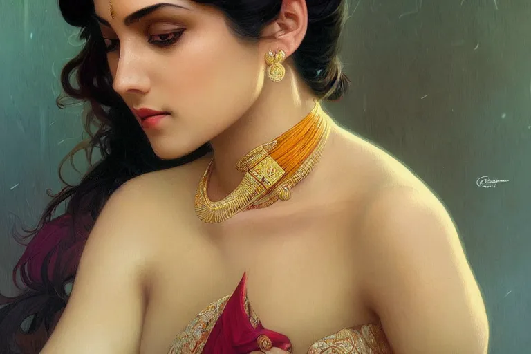 Prompt: sensual pale beautiful indian doctor, art deco portrait, elegant, intricate, digital painting, artstation, concept art, smooth, sharp focus, illustration, art by artgerm and greg rutkowski and alphonse mucha