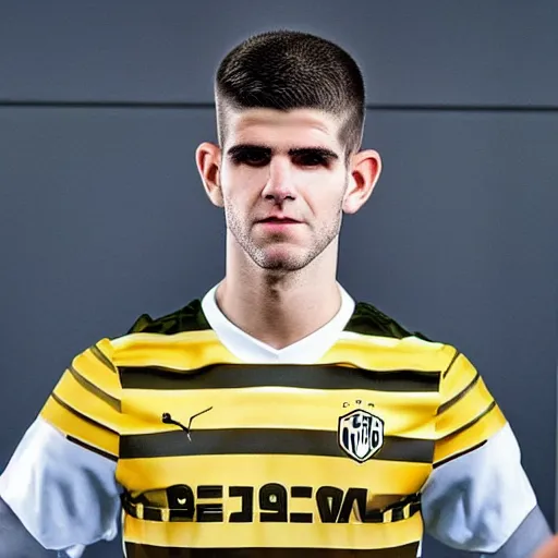 Image similar to “a realistic detailed photo of a guy who is an attractive humanoid who is half robot and half humanoid, who is a male android, Christian Pulisic, shiny skin, posing like a statue, blank stare, press conference, on display”