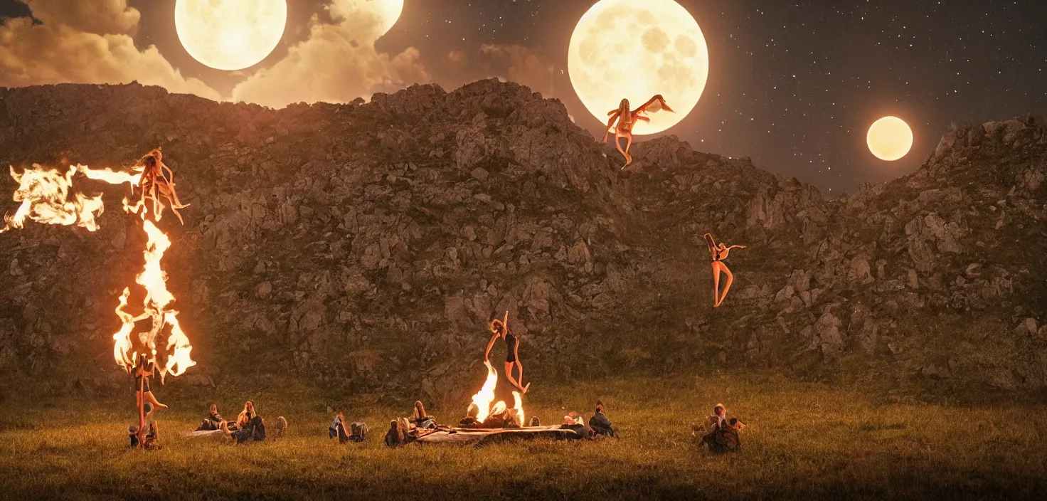 Prompt: a very high resolution historical image. a giant full moon in the mountains while young women float into the air levitating in firelight as the satanic ritual climaxes, 2 4 mm, photorealistic, photography, night directed by wes anderson