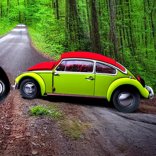 Image similar to promotional scifi - mystery movie scene of a ( volkswagen beatle ) and ladybug hybrid that's more ladybug. racing down a dusty back - road in smokey mountains tennessee. cinematic, 4 k, imax, 7 0 mm, hdr