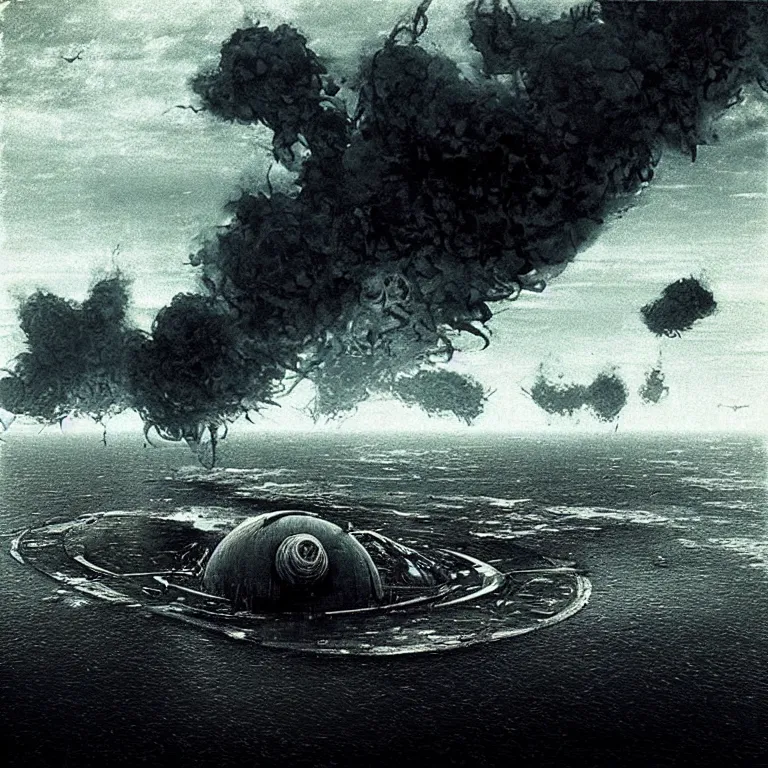 Image similar to “a vintage photograph of technological weapons melting over the sea, photorealistic, horror, Romero”