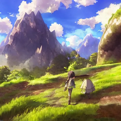 Prompt: watercolor, wallpaper, 4 k, digital art, photorealism, realistic, unity, unreal engine, blue skies and rolling green fields, rpg isekai adventurers, anime, mountains, by hayao miyazaki, by studio ghibli, high quality, stunning, amazing work of arts, inspirational