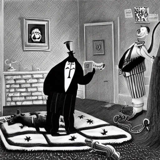 Prompt: the death of captain kangaroo, by charles addams,