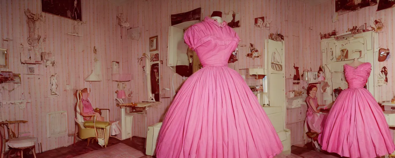 Prompt: a 1 9 5 0 s pink christian dior dress made of pasta, canon 2 0 mm, kodachrome, in the style of wes anderson, retro