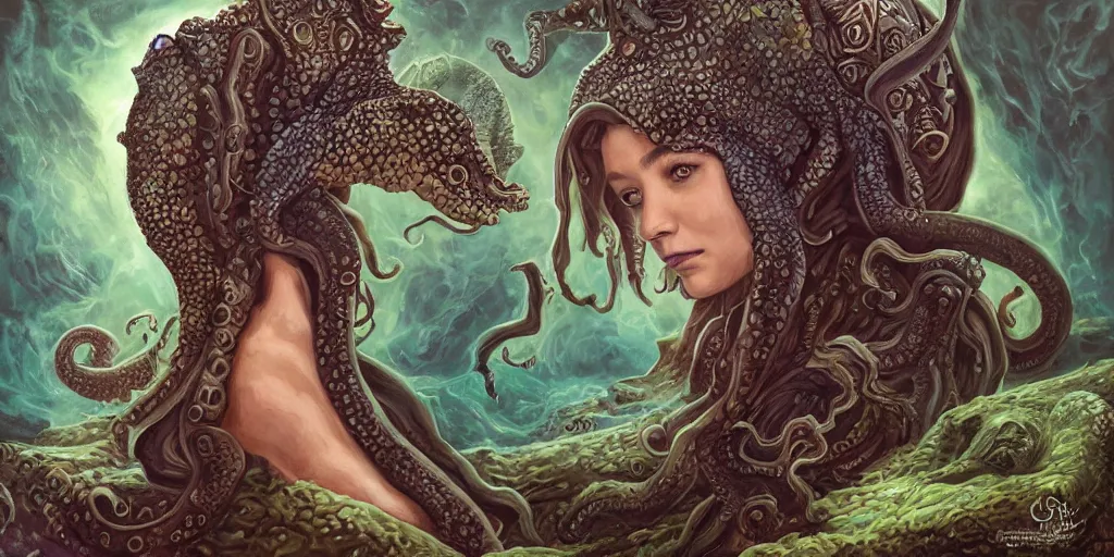 Prompt: Fantasy fairytale style portrait painting, Great Leviathan Turtle, cephalopod, Cthulhu Squid, hybrid, Mythic Island, center Universe, accompany Cory Chase, Blake Lively, Anya_Taylor-Joy, Grace Moretz, Halle Berry, Mystical Valkyrie, Anubis-Reptilian, Atlantean Warrior, hybrid, intense fantasy atmospheric lighting, digital oil painting, hyperrealistic, François Boucher, Michael Cheval, Oil Painting, Cozy, hot springs hidden Cave, candlelight, natural light, lush plants and flowers, Spectacular Mountains, bright clouds, luminous stellar sky, outer worlds, Jessica Rossier, michael whelan, William-Adolphe Bouguereau, Solar Flare HD,