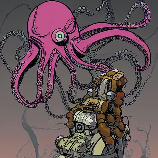 Image similar to a cyberpunk octopus, in the style of Ashley Wood and Moebius