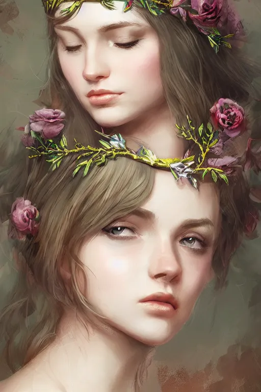 Image similar to beautiful maiden wearing a floral headband, intricate, elegant, highly detailed, digital painting, artstation, concept art, smooth, sharp focus, illustration, art by WlOP