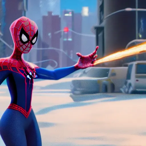 Image similar to spiderman and pregnant princess elsa go on an adventure, cinematic render, into the spiderverse 2 0 1 8, sony animation official media