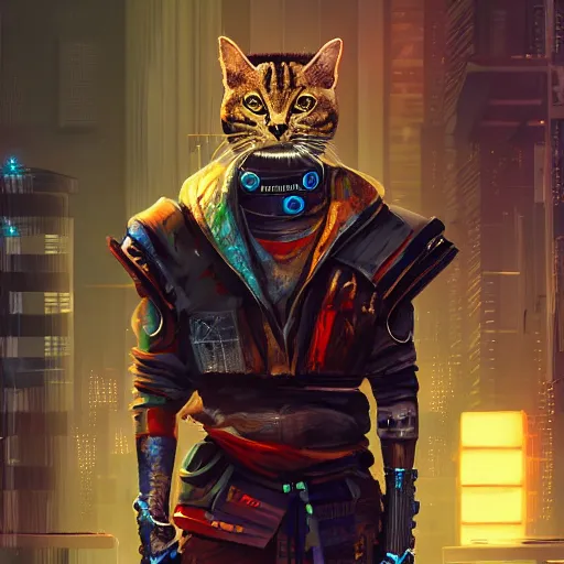 Image similar to a cyberpunk cat samurai, highly detailed, digital painting, artstation, concept art, movie still, smooth, sharp focus uhd 8 k