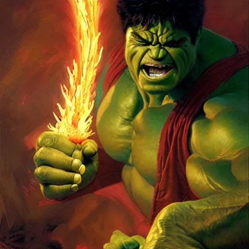 Image similar to hulk as stunning male master wizard casting fire spell, highly detailed painting by gaston bussiere, craig mullins, j. c. leyendecker, 8 k